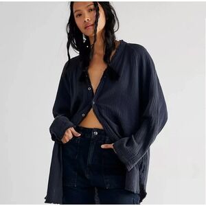 GIGI MODA Made in Italy Crinkled Cotton Button-Front Top‎ – Black, OS